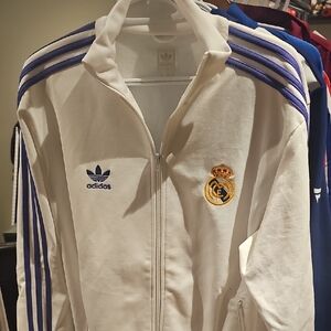 adidas White Track Jacket with Purple Stripes and Gold Crest